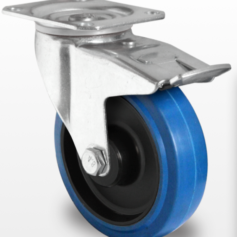 Колесо 80 мм поворотне з гальмом, кульковий підшипник, еластична гума/поліамід