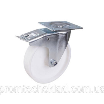 Колеса поворотні з гальмом, підшипник ковзання 100 мм, поліпропілен (160 кг навантаження)