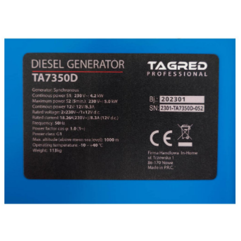 Дизельний генератор TAGRED TA7350D 5 кВт