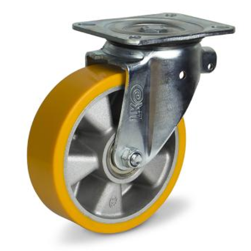 Колесо 200 мм, навантаження 800 кг, алюміній/поліуретан з поворотним посиленим кронштейном